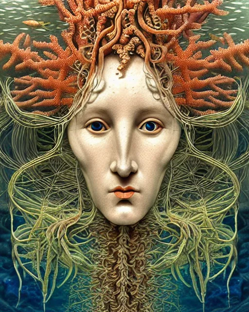 Image similar to hyperrealistic detailed underwater face portrait of the beautiful goddess of the fish with an intricate headgear of corals, sea kelp, sea plants, fish, starfish, jellyfish, art by ernst haeckel, james jean, gothic, neo - gothic, ornamental, beautiful deep colours,