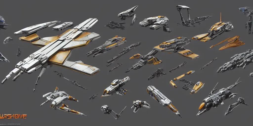 Image similar to futuristic sci - fi props and gadget, hard surface, collection, kitbash, parts, shape and form, in watercolor gouache detailed paintings, hull, elite dangerous, star citizen, modular, pieces, golden ratio, mobius