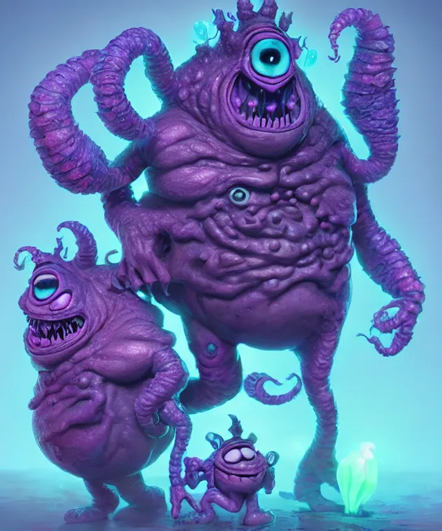 Image similar to a two headed xanathar made of bioluminescence in the art style of monsters inc, crisp 8 k line art, digital painting, artstation, unreal engine, octane render, emissive lighting, concept art, matte, sharp focus, hyper realistic lighting, illustration, deep royal blue and pink color scheme, art by junji ito