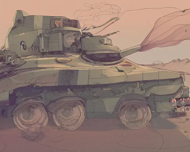 Prompt: a study of cell shaded cartoon tank with apole with dozens of cameras on it, driving on a desert road, road, illustration, wide shot, subtle colors, post grunge, concept art by josan gonzales and wlop, by james jean, victo ngai, highly detailed, sharp focus, trending on artstation, hq, deviantart, art by artgem