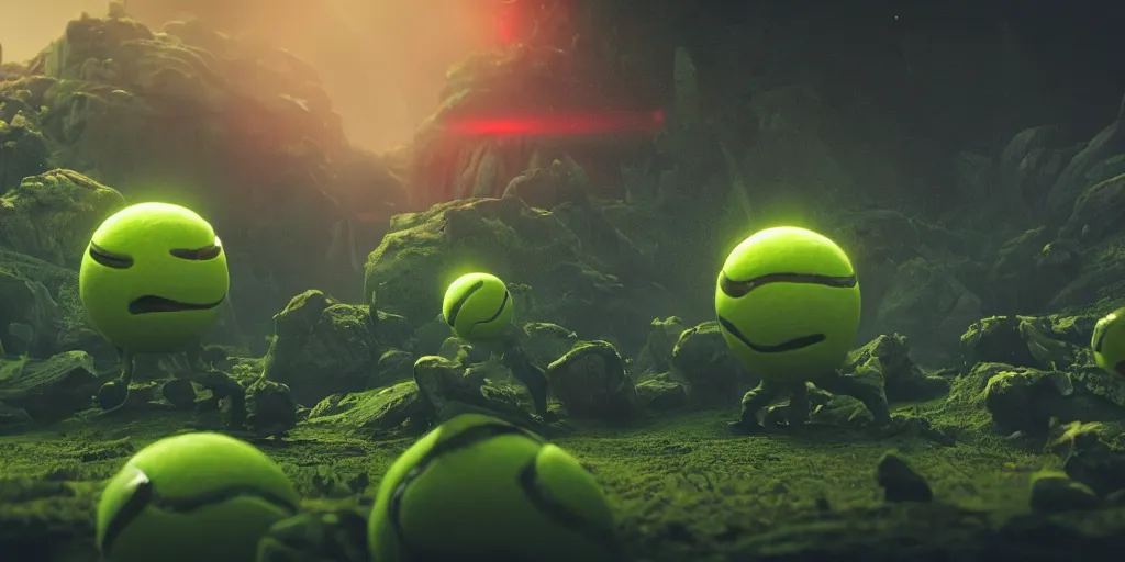 Image similar to a cinematic poster photo of 8 k ultra realistic tennis ball monsters, exotic, cinematic lighting, trending on artstation, 4 k, hyperrealistic, focused, high details, unreal engine 5, cinematic, alien planet atmosphere in background, 3 d render by beeple