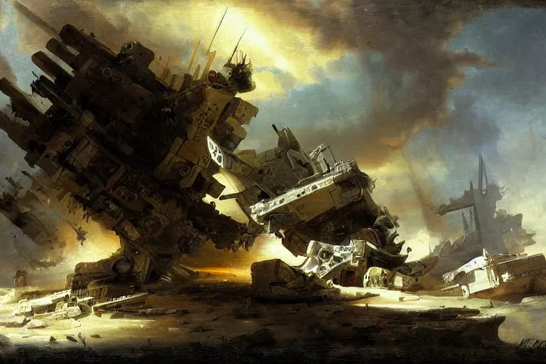 Prompt: starship painting spaceship crashed by hubert robert detailed