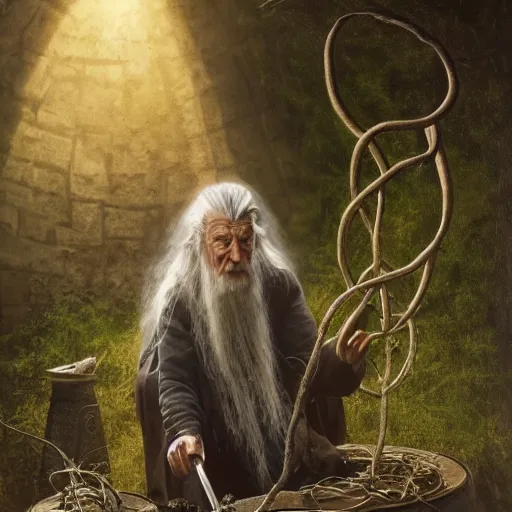 Prompt: the evil ian mckellen smithing on an anvil as gandalf in a dark viking hood playing odin all father crafting the plant of life with vines sprouting from the anvil, highly detailed, cinematic shot, cinematic lighting, 8 k, exquisit facial detail, magical realism painting, chiaroscuro, dark painting.