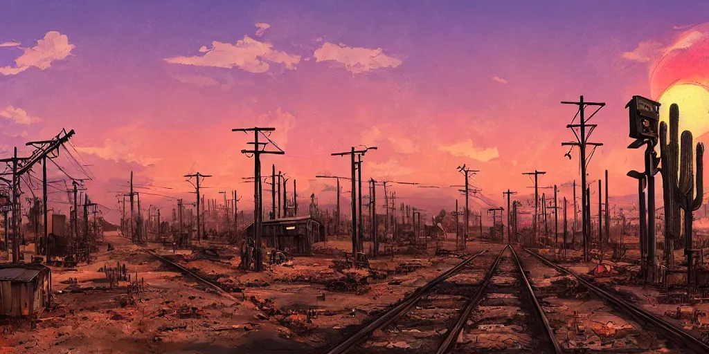 Image similar to train station roadside old west saloon cyber punk post apocalyptic telephone poles cactus graveyard sunset sky clouds illustration by syd mead artstation 4 k 8 k graphic novel concept art matte painting