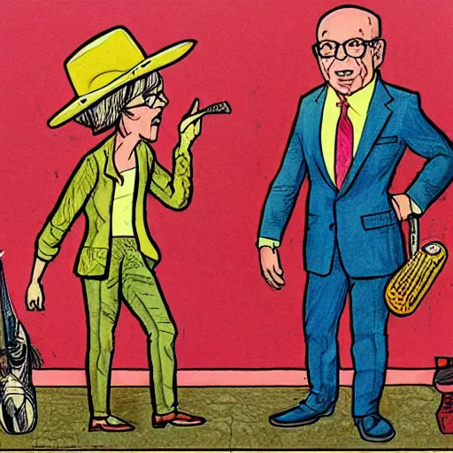 Image similar to The Artwork of R. Crumb and his Cheap Suit Klaus Schwab and Elizabeth Warren, pencil and colored marker artwork, trailer-trash lifestyle