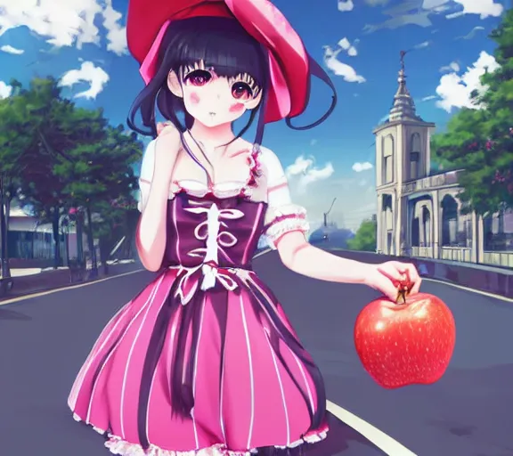 Prompt: a cute girl wearing a lolita dress, she is walking in a busy street, she is holding a red apple, anime art, hd, smooth