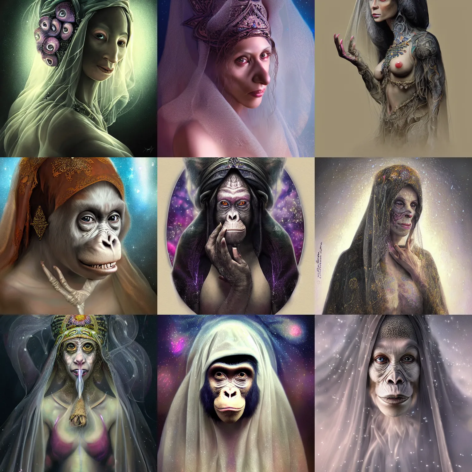 Prompt: a wlop 3 d render of very very very very highly detailed beautiful mystic portrait of a phantom mushroom priestess'female ape'in veil with whirling galaxy around, tattoos by anton pieck, intricate, extremely detailed, digital painting, artstation, concept art, smooth, sharp focus, illustration, intimidating lighting, incredible art,