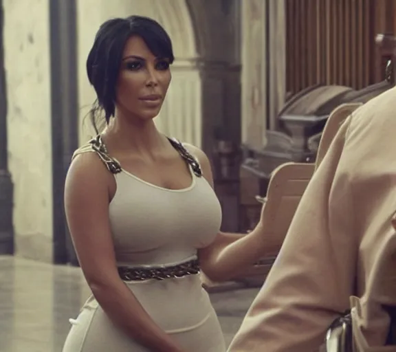 Image similar to a movie still of kim kardashian as a handcuffed prisoner with a chain around her neck bonded to a steel chair on the alter of a church