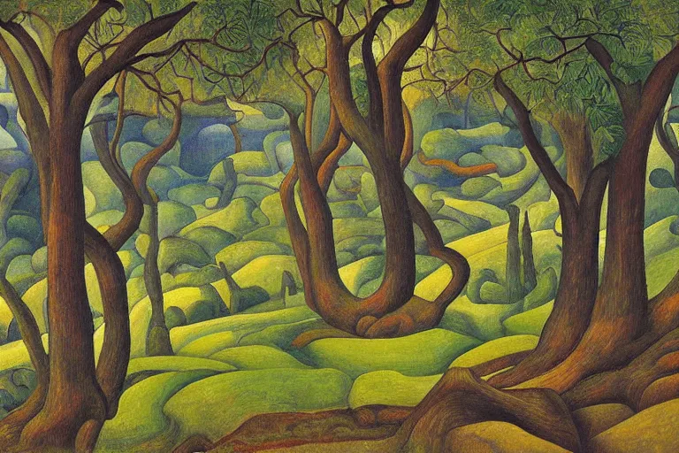 Image similar to masterpiece painting of oak trees on a hillside overlooking a creek, by diego rivera