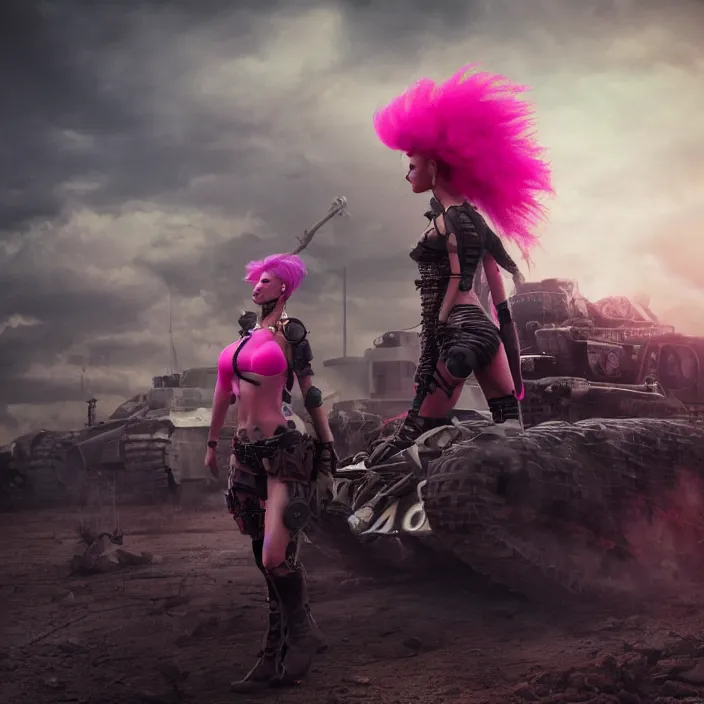 Image similar to beautiful apocalyptic woman with pink Mohawk, posing on mad max panzer tank, 4k ultra hd, fantasy dark art, artstation, octane render