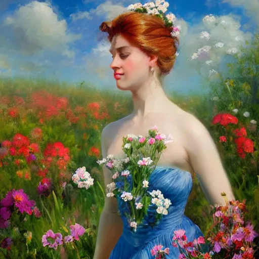 Image similar to a portrait of a romantic woman with flowers grow out of hair, roses peonies forget-me-nots dahlias lupins gladioli, sky theme in background, by Alexandr Averin, Digital Art, Trending on artstation