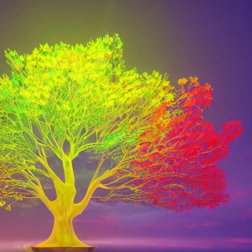 Image similar to A luminous tree of colorful fruits in the sky, 8k, hyper realistic, insainly detailed, HDR, octan render