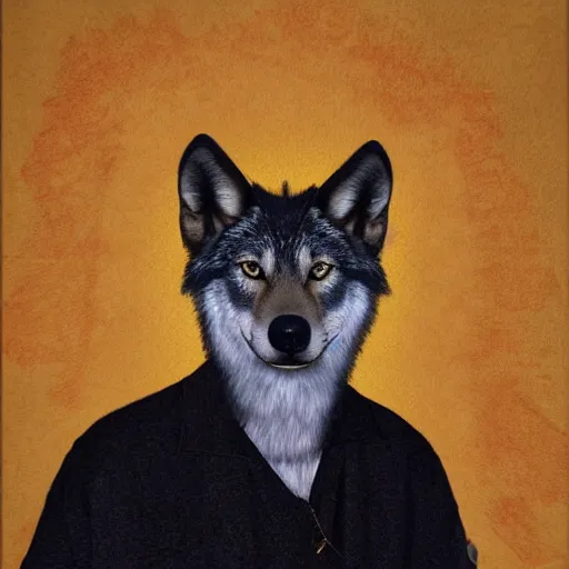 Prompt: retarded wolf portrait, frida style