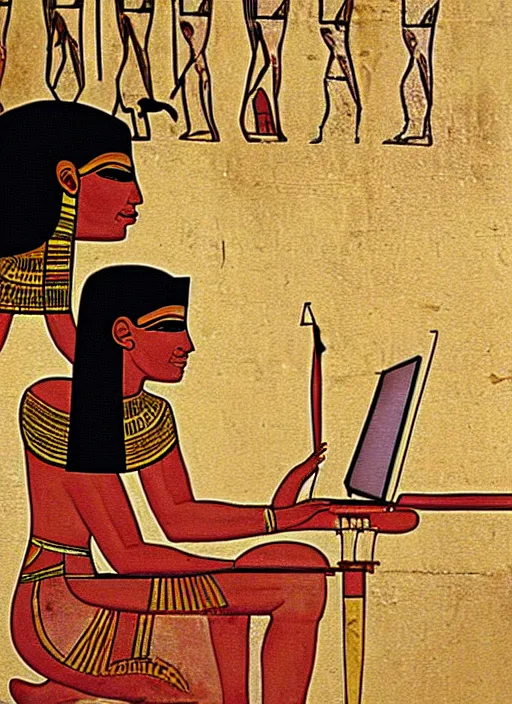 Prompt: ancient egypt painting girl using computer, 4 k, high quality, sharp fucos