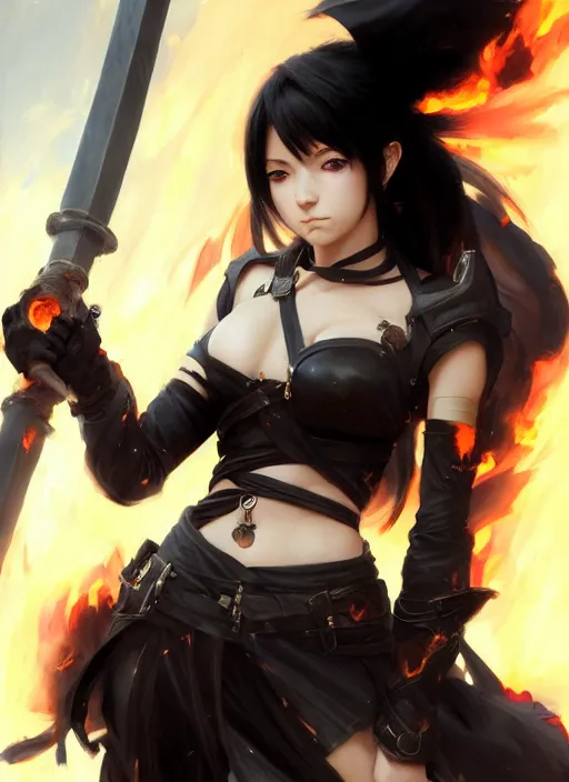 Image similar to Portrait of Anime girl with black hair, she is carrying a burning sword with two hands, wearing metal armor around her chest and waist, realistic, detailed, 4k by Greg Rutkowski Mark Arian trending on artstation