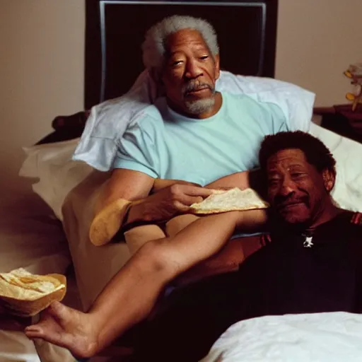 Prompt: morgan freeman laying on the bed eating tacos with raven on his side