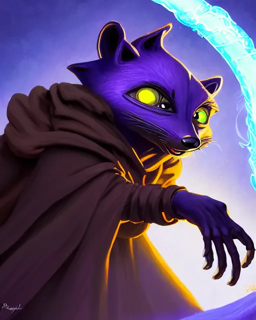 Image similar to closeup, highly detailed digital illustration portrait of hooded priest sorcerer druid necromancer sly cooper rocket the raccoon casting a magical energy sparkling swirling blue glowing spell in an ancient castle, action pose, d & d, magic the gathering, by rhads, frank frazetta, lois van baarle, jean - baptiste monge, disney, pixar,