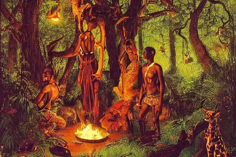 Image similar to a scenic view of an african god in the middle of a magical forest at night, detailed, cinematic, dramatic scene, retro illustration by Norman Rockwell.
