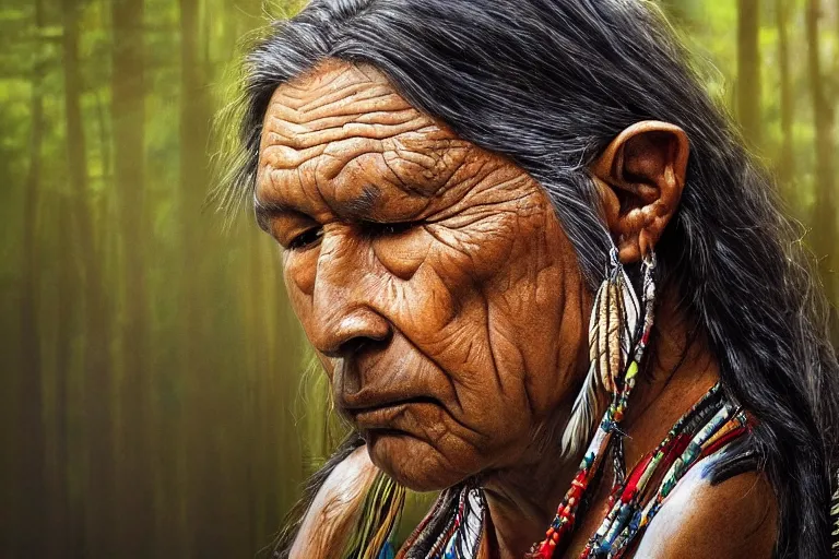 Image similar to hyper-realistic up close photograph of an elegant native american thinking, forest, detailed,