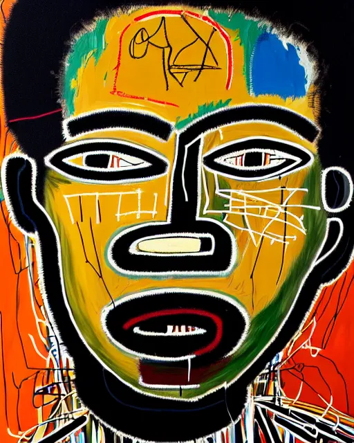 Prompt: a extremely ultra highly detailed majestic hi - res beautiful immaculate head and shoulders award winning painting stunning masterpiece of the face of a ultra highly detailed strong black african man by jean - michel basquiat, 8 k, high textures, ultra hyper sharp, insanely detailed and intricate, super detailed, 8 k hdr ultra high quality