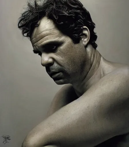 Image similar to a high quality, high detail, photorealistic portrait of mark ruffalo by james nachtwey and lucian freud, zdzisław beksinski