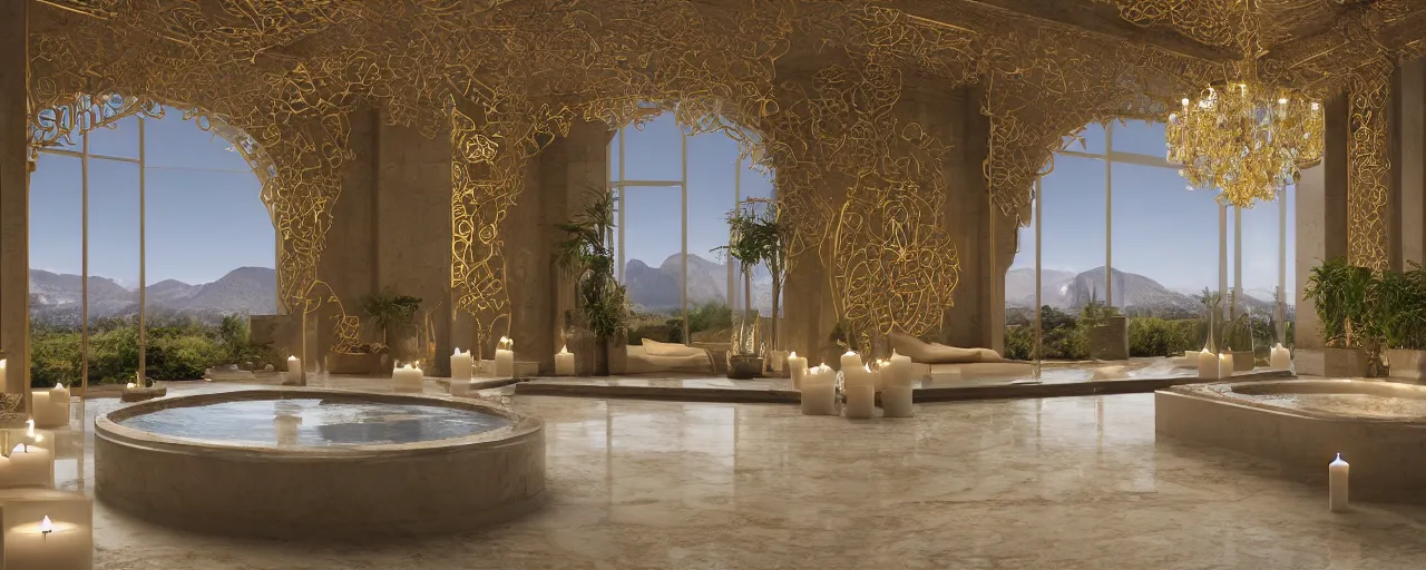 Prompt: 3 d render of a cinematic interior of a triple height hyper luxury spa with everything made of gold, candles, windows with view to desert mountains and river, beige stone marble floor with reflection, small wellness relaxation pool, potted plants, intricate hieroglyph detailed roof, contemporary design, fractal sacred geometry, 8 k, hyperrealistic, photorealism,