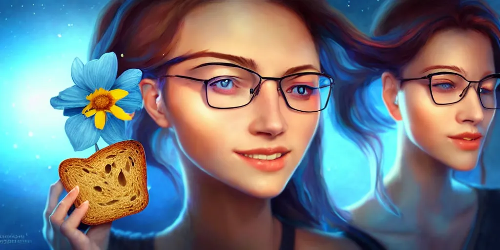 Image similar to epic professional digital art of a smiling bread toast wearing 👓 and a blue flower, best on artstation, cgsociety, wlop, cosmic, epic, stunning, gorgeous, much detail, much wow, masterpiece, backlight