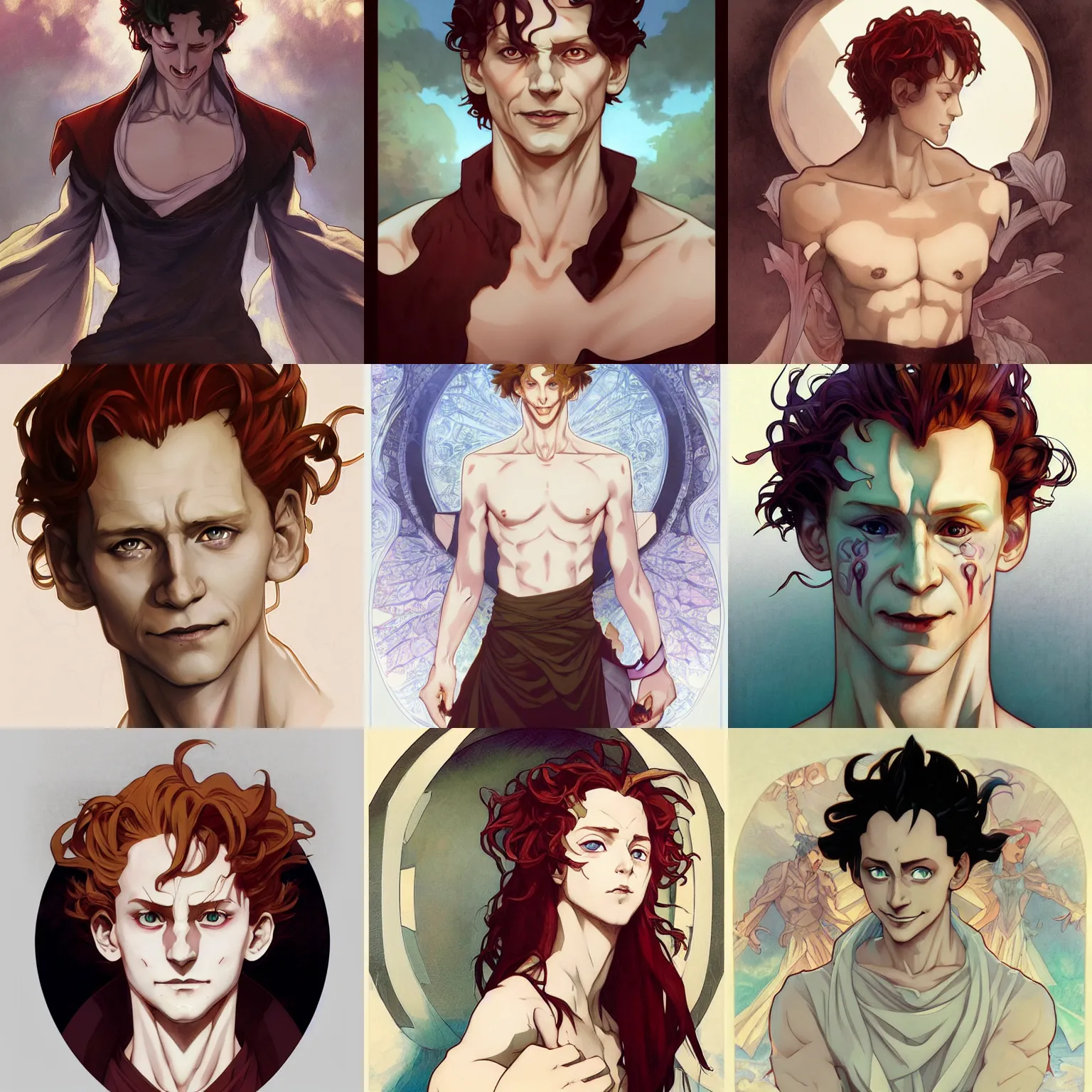 Prompt: hisoka, young tom hiddleston, cel - shaded animesque art by artgerm and greg rutkowski and alphonse mucha, smooth white skin, smirking face, narrowed eyes, reddish hair, d & d, fantasy, feminine portrait, highly detailed, digital painting, trending on artstation, concept art, sharp focus, illustration