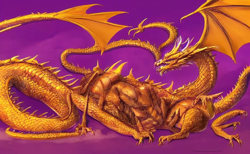 Prompt: a purple and gold dragon laying on its back, relaxing dragon, detailed digital art, artstation