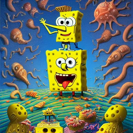 Prompt: SpongeBob SquarePants made of cheese by jacek yerka, alex gray, zdzisław beksiński, dariusz zawadzki, jeffrey smith and h.r. giger, oil on canvas, 8k highly professionally detailed, trending on artstation