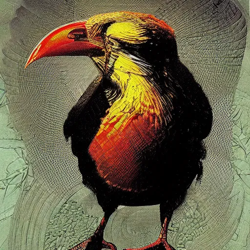 Image similar to the progressive rasterization of a bird from mechanical being to pixels, oil on canvas by dave mckean and ivan shishkin