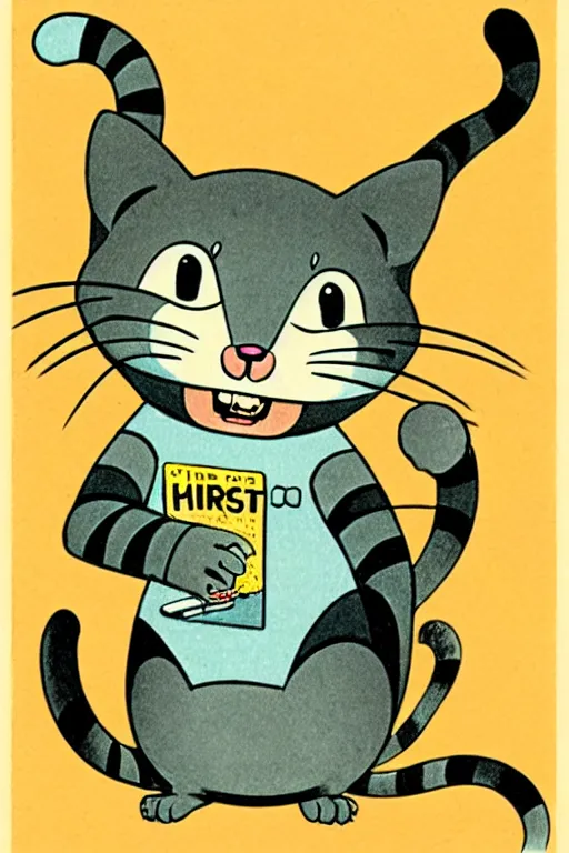 Prompt: by richard scarry. a cat mouse chimera. a 1 9 5 0 s retro illustration. studio ghibli. muted colors, detailed