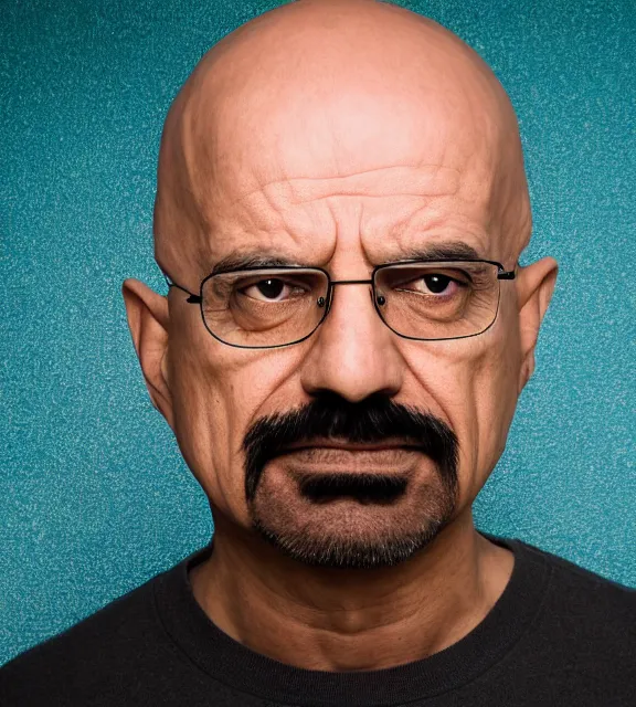 Prompt: Indian Walter white, portrait photo, 85mm, teal studio backdrop, Getty images