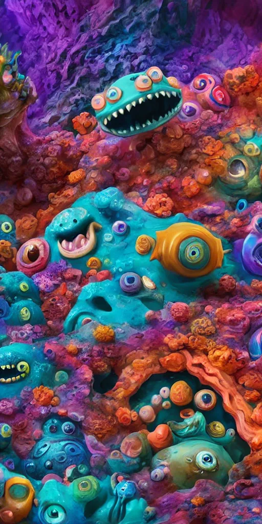 Image similar to of a colorful deep sea cave with strange cute friendly happy creatures with huge eyes, mouth, long tongue and round teeth appearing from sandy coral, in the style of gehry and gaudi, macro lens, shallow depth of field, ultra detailed, digital painting, trending artstation, concept art, illustration, cinematic lighting, photorealism, epic, octane render