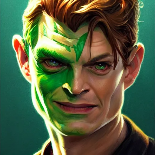 Prompt: handsome Tobey Maguire as the Green Goblin, western, D&D, fantasy, intricate, elegant, highly detailed, digital painting, artstation, concept art, matte, sharp focus, illustration, art by Artgerm and Greg Rutkowski and Alphonse Mucha