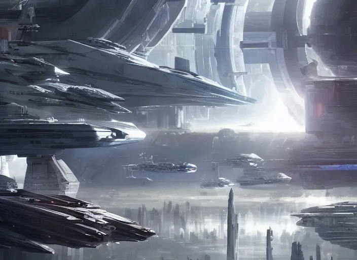 Prompt: a single large symmetric type 3 civilization timepunk futuristic alternate reality and physics spaceship seen from the surface of a busy metropolis, star wars, star citizen digital art, trending on art station