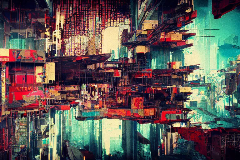 Image similar to fragmented architecture collage by atelier olschinsky and Ernst Haas, cyberpunk, (high contrast), ((oversaturated)), grafitti paint, bokeh, dof, unreal engine