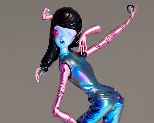 Prompt: James Jean isolated cheerful tomboy vinyl figure, enticing figure photography, dynamic pose, artistic and delicate form, holographic undertones, glitter accents on figure, anime stylized, accurate proportions, high detail, ethereal lighting - H 640