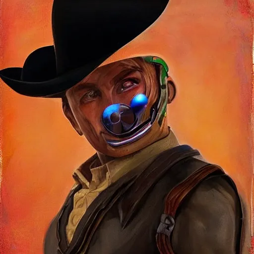 Prompt: beautiful portrait of a time traveling cowboy robot