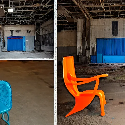 Prompt: detailed extreme long shot photos from detailed abandoned warehouse with one blue plastic old chair in the middle, and detailed orange cat sittin on it in the style of moneta sleet jr. and j. ross baughman