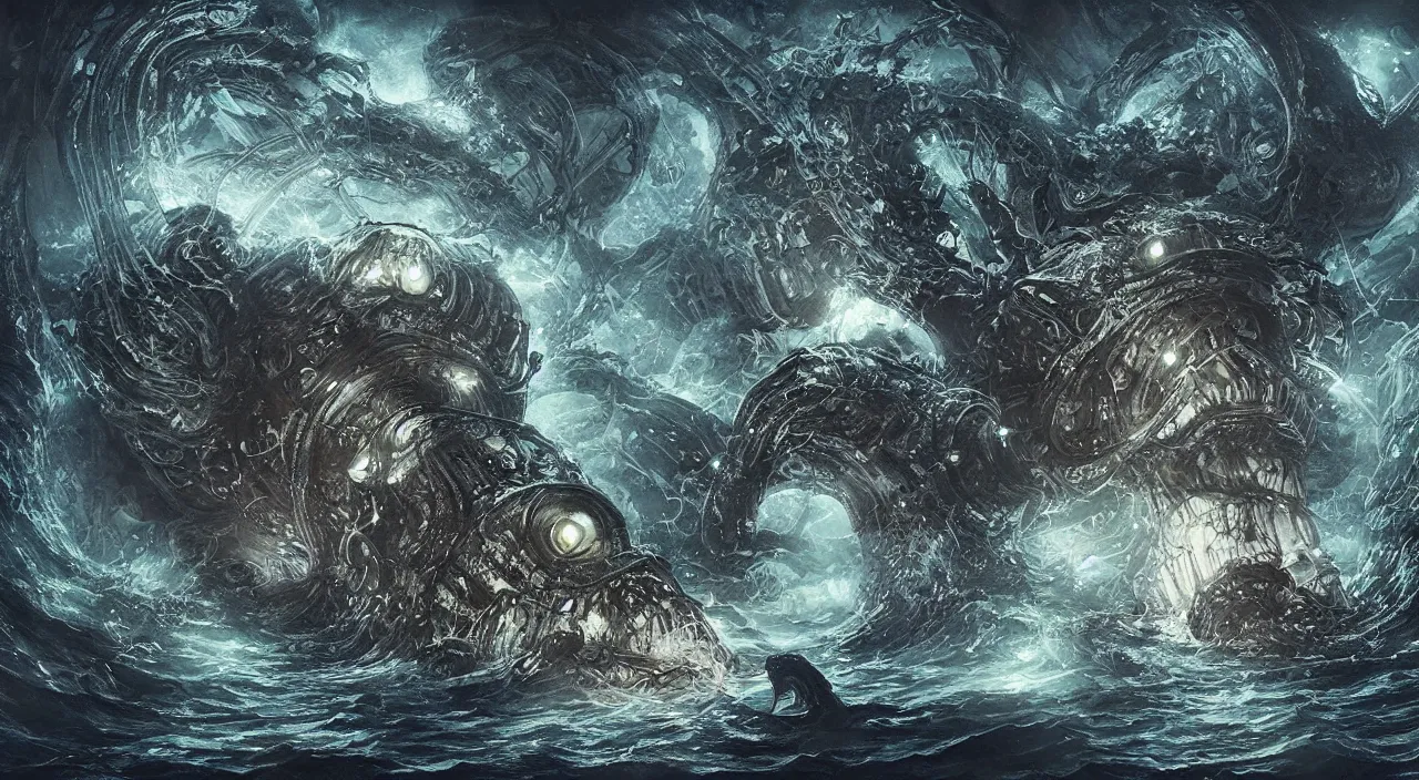 Image similar to huge and creepy sea-creatures from the deep sea glowing in the dark, large scale, breathtaking, mixed media, digital art, trending on artstation, 8k, epic composition, highly detailed, AAA graphics