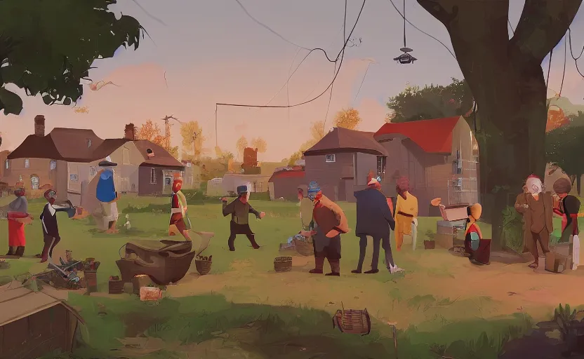 Prompt: a group of village farmers meet a local detective to outside his house, james gilleard, print, game art