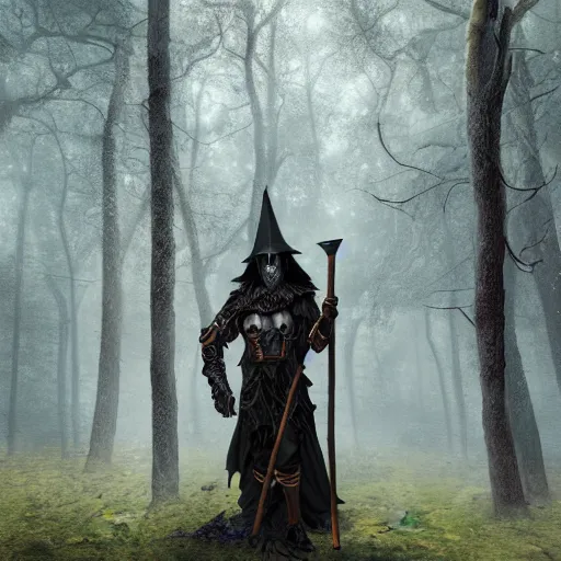 Image similar to high quality matte painting, grim fantasy witchy art, a woodland knight made of wood holding a giant club, in a dark forest, digital art, high quality render, artstation, 8 k, photograph quality, ultrahd, in the style of dungeons and dragons