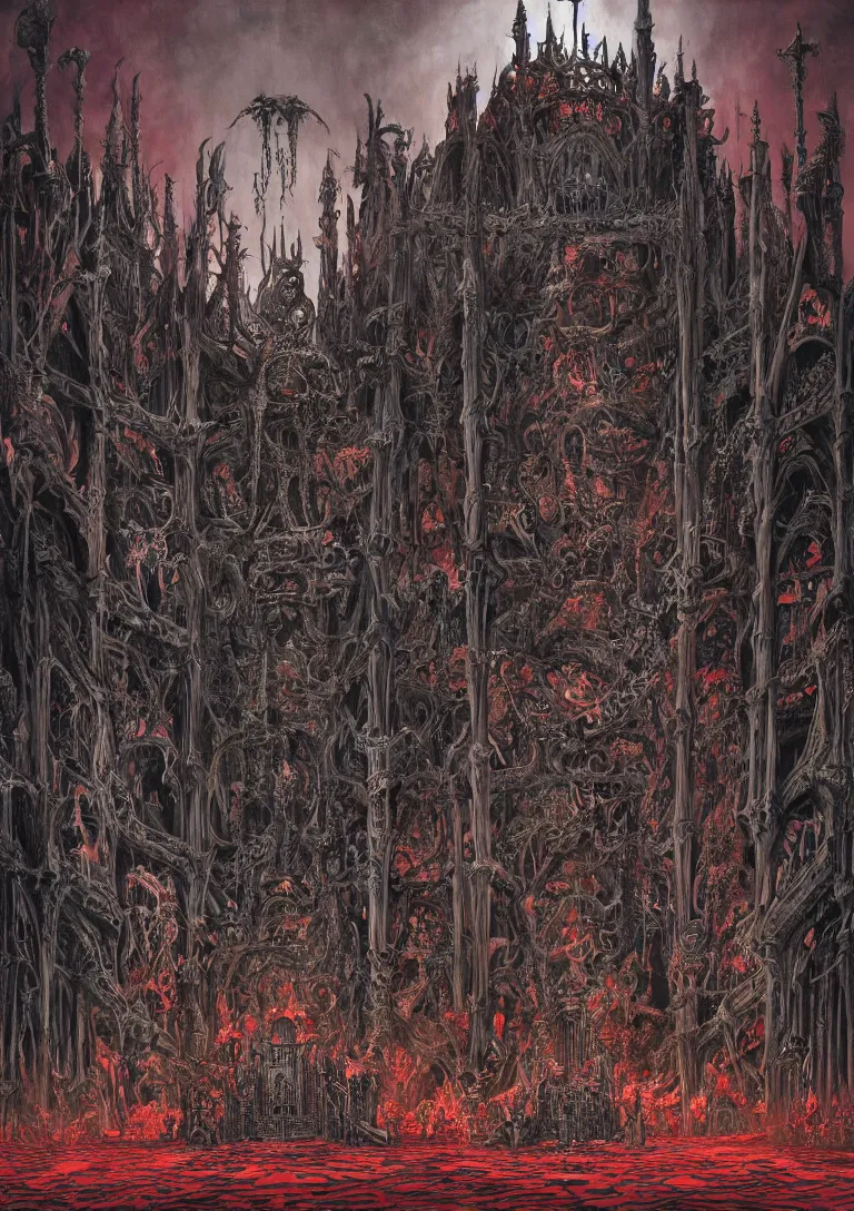 Image similar to matte painting of a gothic throne room, centered on a huge throne of bones and flesh, abominations are kneeling in front of the throne, dying humans are nailed to the walls, red tones, josan gonzales and moebius and enki bilal and and dan mumford and jean claude meziere and philippe druilleg