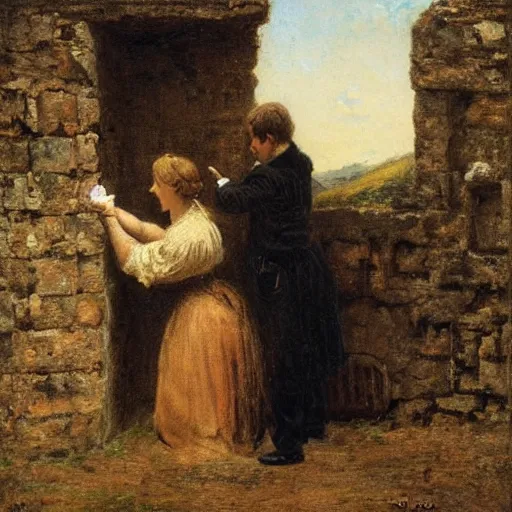 Image similar to young victorian man and woman solving a riddle carved into a stonewall in a dungeon, by alfred stevens