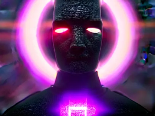 Image similar to a gray faceless figure, ascended, robot wizard, NPC with a saint\'s halo, saintly halo behind their head made of neon filigree, consulting the cyber oracle of all knowledge, at the end of time, in an esoteric ritual exchange of physical code, 8k, 4k, unreal 5, DAZ, trending on artstation, octane render, abstract painting, bright blue future