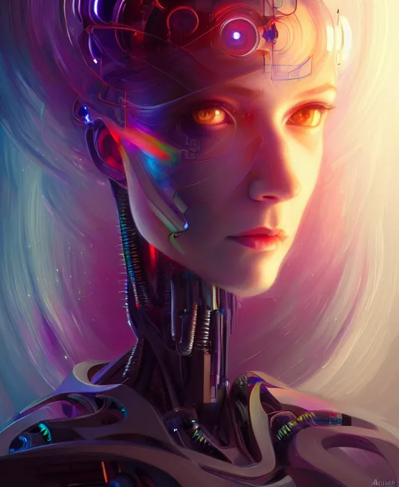 Image similar to a whirlwind of souls rushing inside the metaverse, hologram, half body, neurochip, shaved temple, piercing, jewelry, android, cyborg, cyberpunk face, by loish, d & d, fantasy, intricate, elegant, highly detailed, colorful, digital painting, artstation, concept art, art by artgerm and greg rutkowski and alphonse mucha