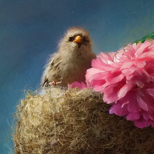 Image similar to long shot of a very fluffy sparrow chick nesting in a floral cup, esao andrews, by m. w. kaluta, by artgerm, humorous illustration, hyperrealistic, tilt shift, warm colors, night scenery, low light, 3 d octane render, 4 k, volumetric lights, smooth, cosy atmosphere, conceptart, hyperdetailed, trending on deviantart