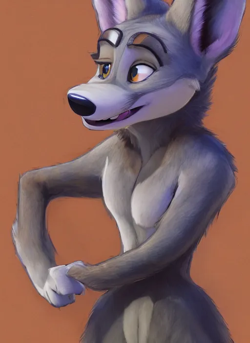 Image similar to oil painting detailed full body of anthromorphic female wolf, in style of zootopia, zootopia, zootopia, fursona, furry, furaffinity, 4 k, deviantart, furry art, fursona art, wearing black business suit, business suit, in style of zootopia, wolf fursona, cyberpunk, female, expressive, detailed feminine face,