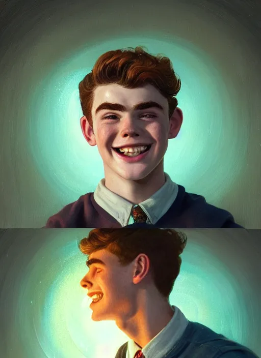 Image similar to portrait of teenage archie andrews, freckles, curly middle part haircut, curly hair, smiling kindly, friendly, 1 9 5 0 s, intricate, elegant, glowing lights, highly detailed, digital painting, artstation, concept art, smooth, sharp focus, illustration, art by wlop, mars ravelo and greg rutkowski